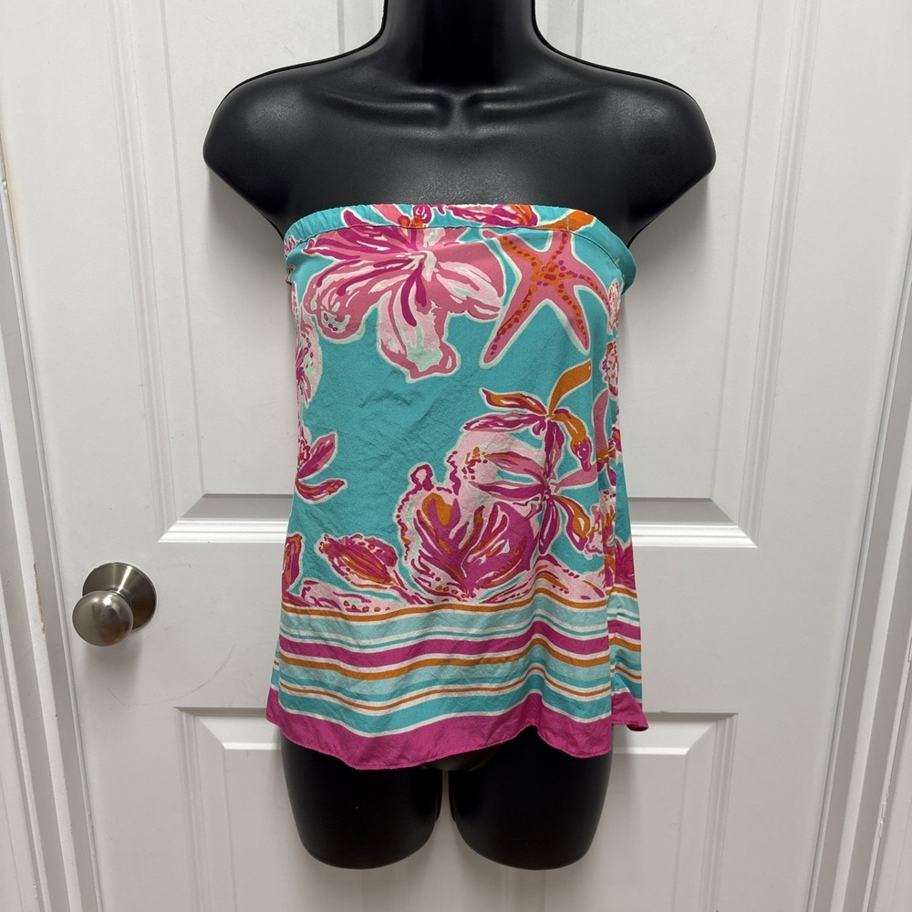 Lilli Pulitzer Odessa Silk Strapless Top In Blue Pink Orange Tropical Pattern XS